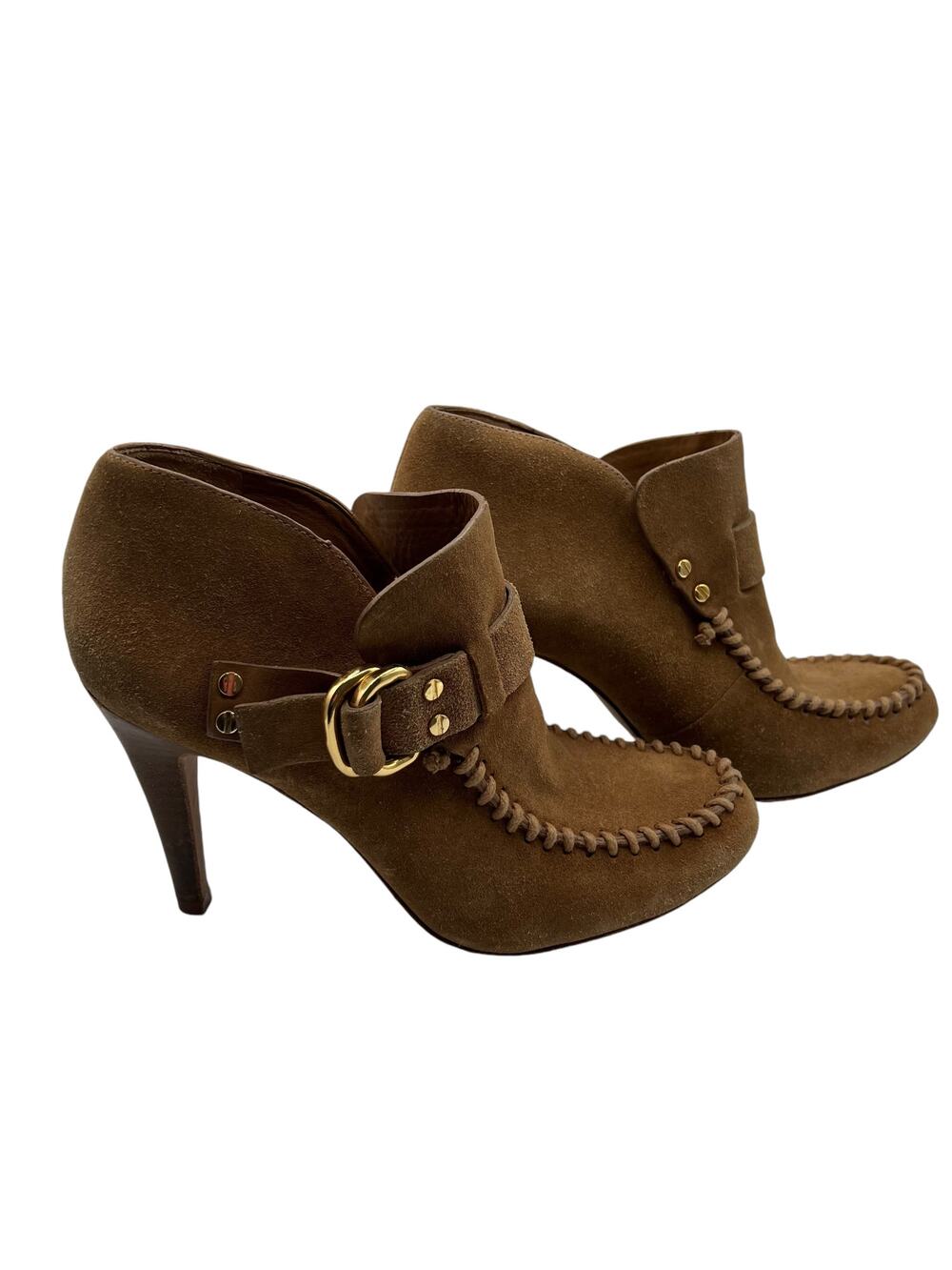 Tory Burch Womens Belen 9.5 Suede Stiletto Ankle Boots Booties Tan Camel Buckles